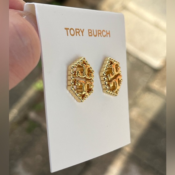 NWOT Tory Burch Kira Gold Toned Logo T Pave Stud Earrings - Picture 5 of 7